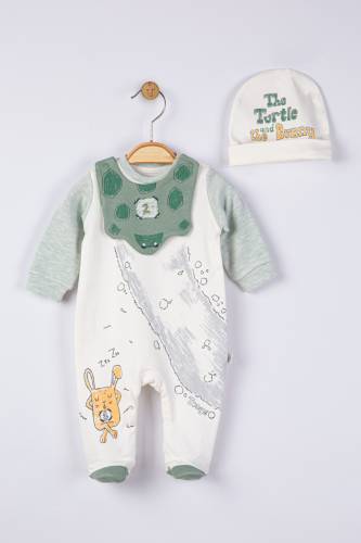 Set salopeta cu caciulita si baveta pentru bebelusi broscuta - tongs baby (culoare: verde - marime: 6-9 luni)