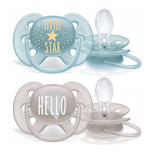 Philips Avent - Set suzete Little Star/Hello - Ultra Soft - 6-18 luni - Ortodontice - Fara BPA din Silicon - Albastru/Gri