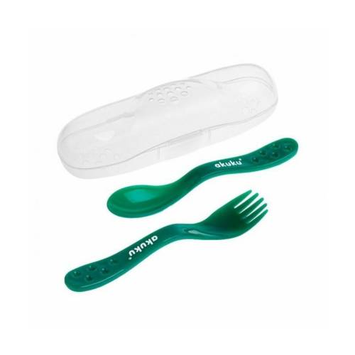 Akuku - Set furculita si lingurita - Include cutiuta de depozitare - Potrivit pentru calatorii - Plastic - Fara BPA - Verde