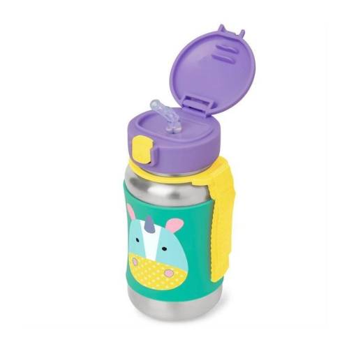 Skip Hop - Sticla cu pai din otel inoidabil - Zoo - Cu protectie de silicon anti-alunecare - Cu pai flexibil - Fara BPA - PVC si ftalati - 350 ml -...