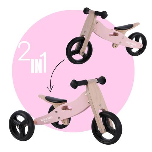 Bicicleta/tricicleta fara pedale din lemn - 2 in 1 - functie de bicicleta echilibru - scaun reglabil - roti ajustabile - manere antiderapante -...