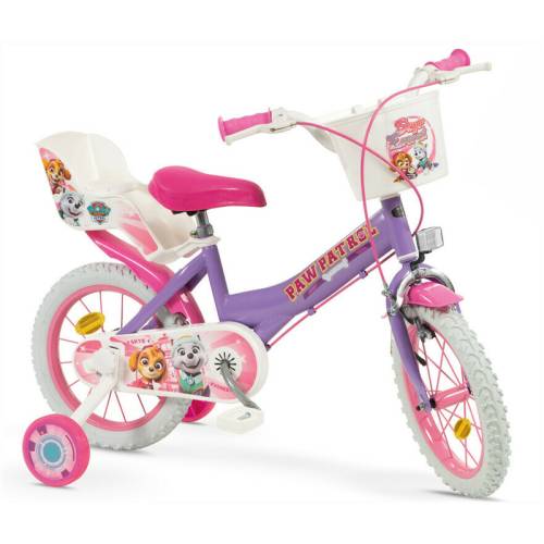 Bicicleta pentru copii - 14 inch - Cu roti ajutatoare si cosulet frontal - Cu scaunel pentru papusi - Toimsa - Paw Patrol - Violet