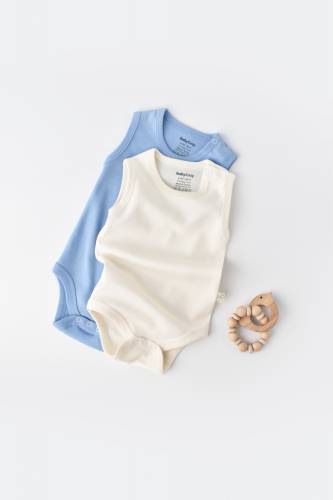Set 2 body-uri fara maneci bebe unisex -100% bumbac organic - ecru/bleu - baby cosy (marime: 18-24 luni)