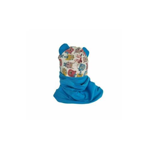 KidsDecor - Set caciula cu protectie gat Blue Animals pentru copii 3-5 ani - din bumbac
