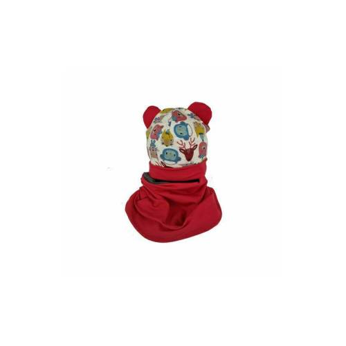 KidsDecor - Set caciula cu protectie gat nou nascut Red Animals - din bumbac