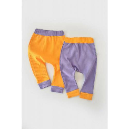Babycosy - Set 2 pantaloni Ribana Bebe Unisex din bumbac organic si 5%elastan - Galben/Mov (Marime: 6-9 luni)