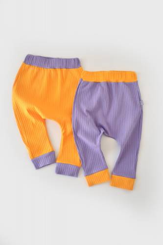 Set 2 pantaloni ribana bebe unisex din bumbac organic si 5%elastan - galben/mov (marime: 12-18 luni)