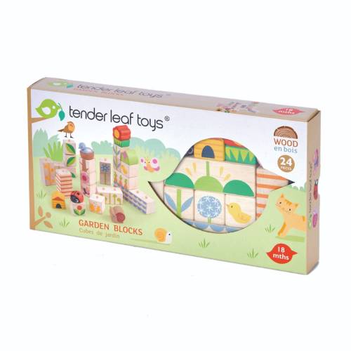 Cuburi stivuibile din lemn - Tender Leaf Toys - cu ilustratii din gradina - 24 piese
