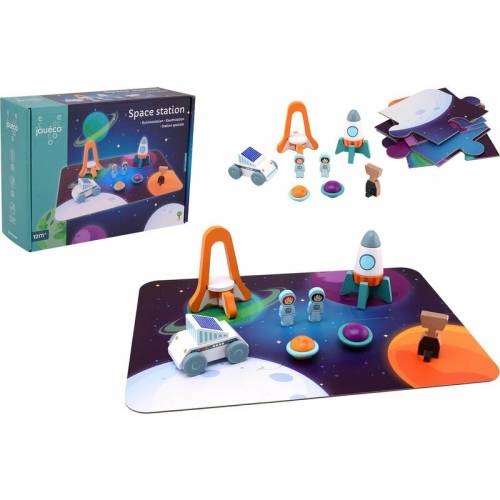 Joueco - Set de joaca din lemn certificat FSC - Statie spatiala - Include o plansa si 6 figurine in forma de elemente spatiale - 12 luni+ - Multicolor