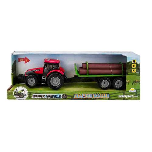 Tractor rosu cu remorca cu lemne - cu lumini si sunete - Maxx Wheels - 44 cm