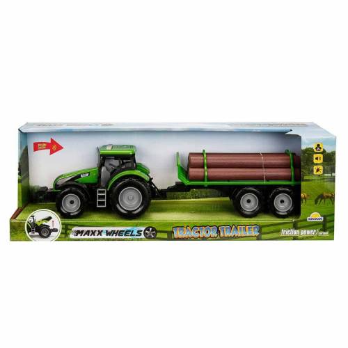Tractor verde cu remorca cu lemne - cu lumini si sunete - Maxx Wheels - 44 cm