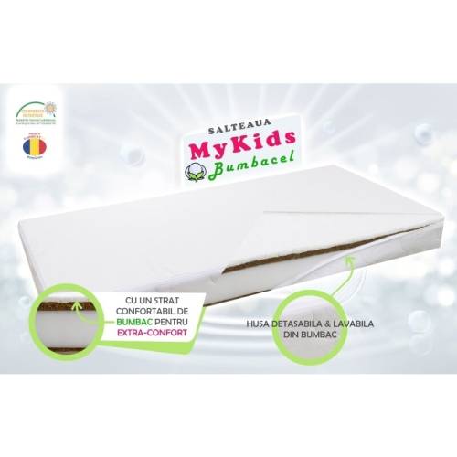 MyKids - Saltea pentru patut Bumbacel din Bumbac - 120x60 cm - 10 cm Cocos-Spuma-Cocos-Bumbac - Alb