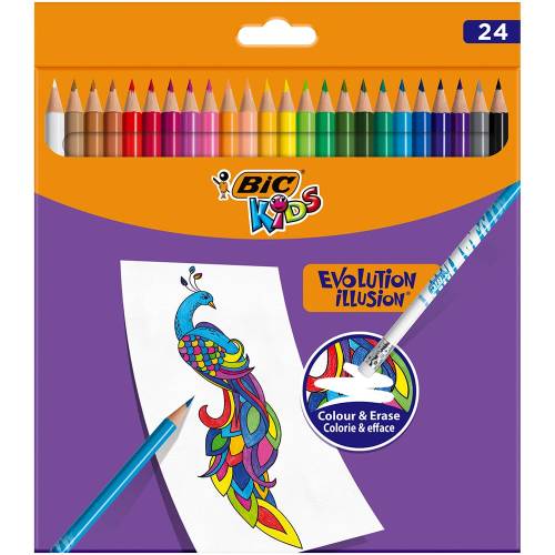 Creioane colorate cu guma de sters Evolution Illusion Bic - 24 culori